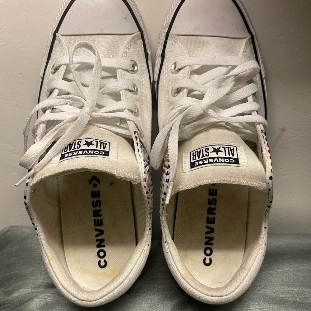 Converse Classic White Canvas Sneakers shiny rainbow polka dots